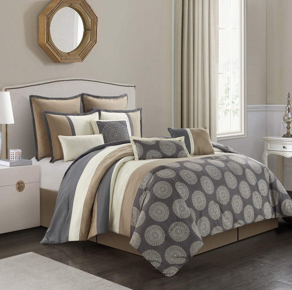 Dante 10-Piece Bed, A Bag Bedding Comforter Set, Gray, Queen