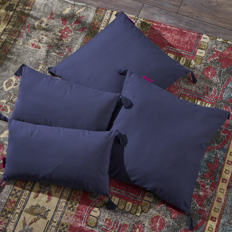 GDF Studio 4-Piece Nolan Fabric Tassel Throw Pillows Set, Dark Blue