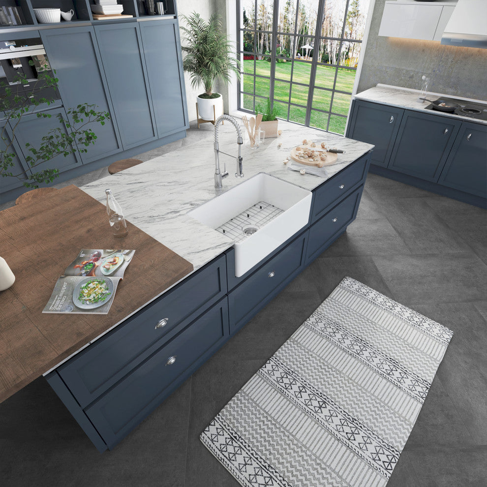 Sinber Farmhouse Apron Single Bowl Kitchen Sink with Fireclay 2 Accessories, White, 30" X 18"
