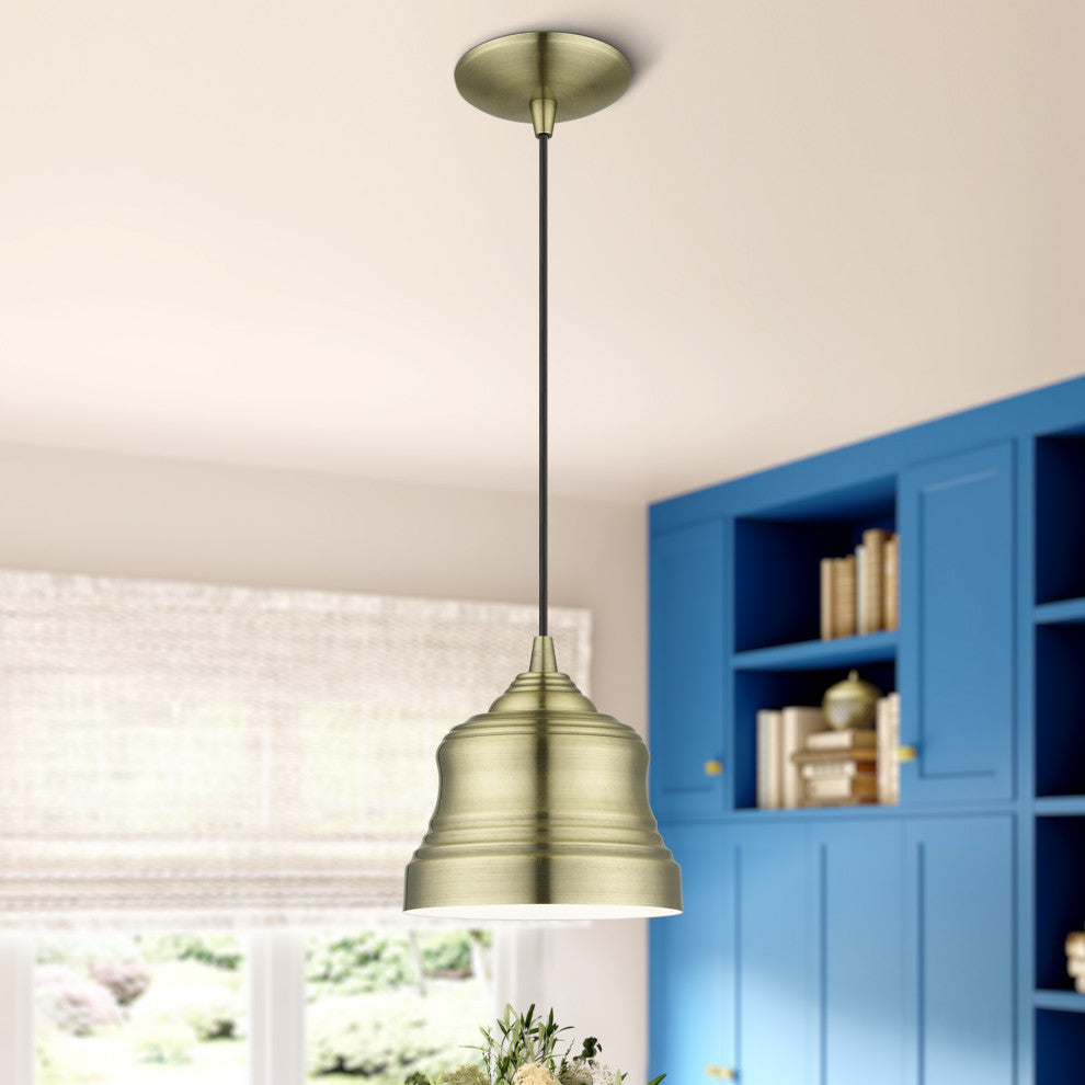 Endicott 1-Light Antique Brass Mini Bell Pendant, Shiny White Inside