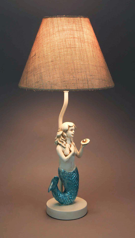 Blue Glitter Tail Mermaid Nautical Table Lamp Burlap Coastal Decor accent light