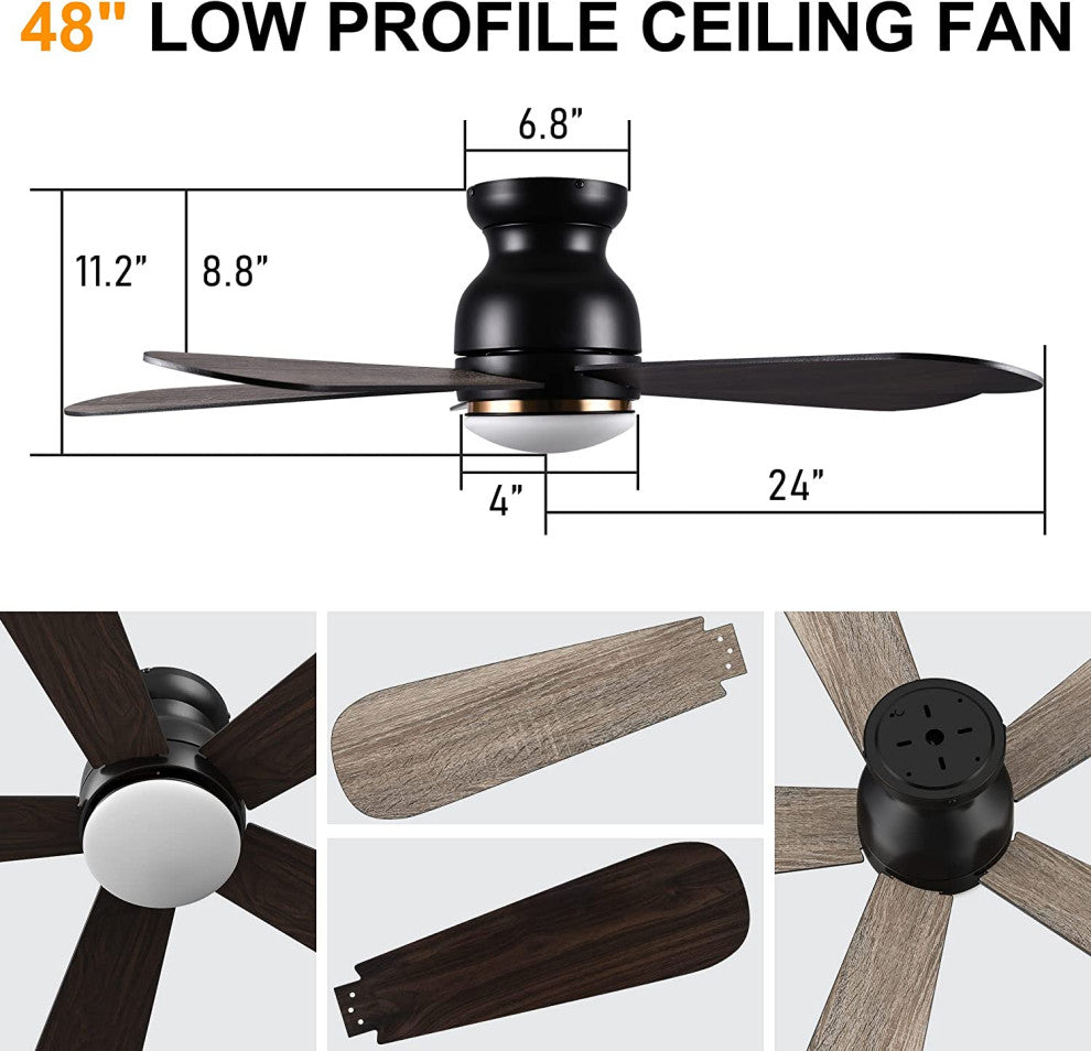 CARRO 48inch Low Profile Flush Ceiling Fan with Remote and Dimmable LED Light, Black