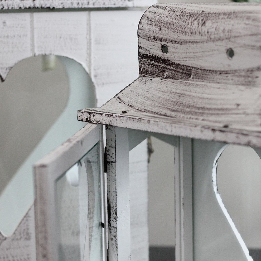 2-Washed Wooden Candle Holder With Heart Shaped Cut-Out