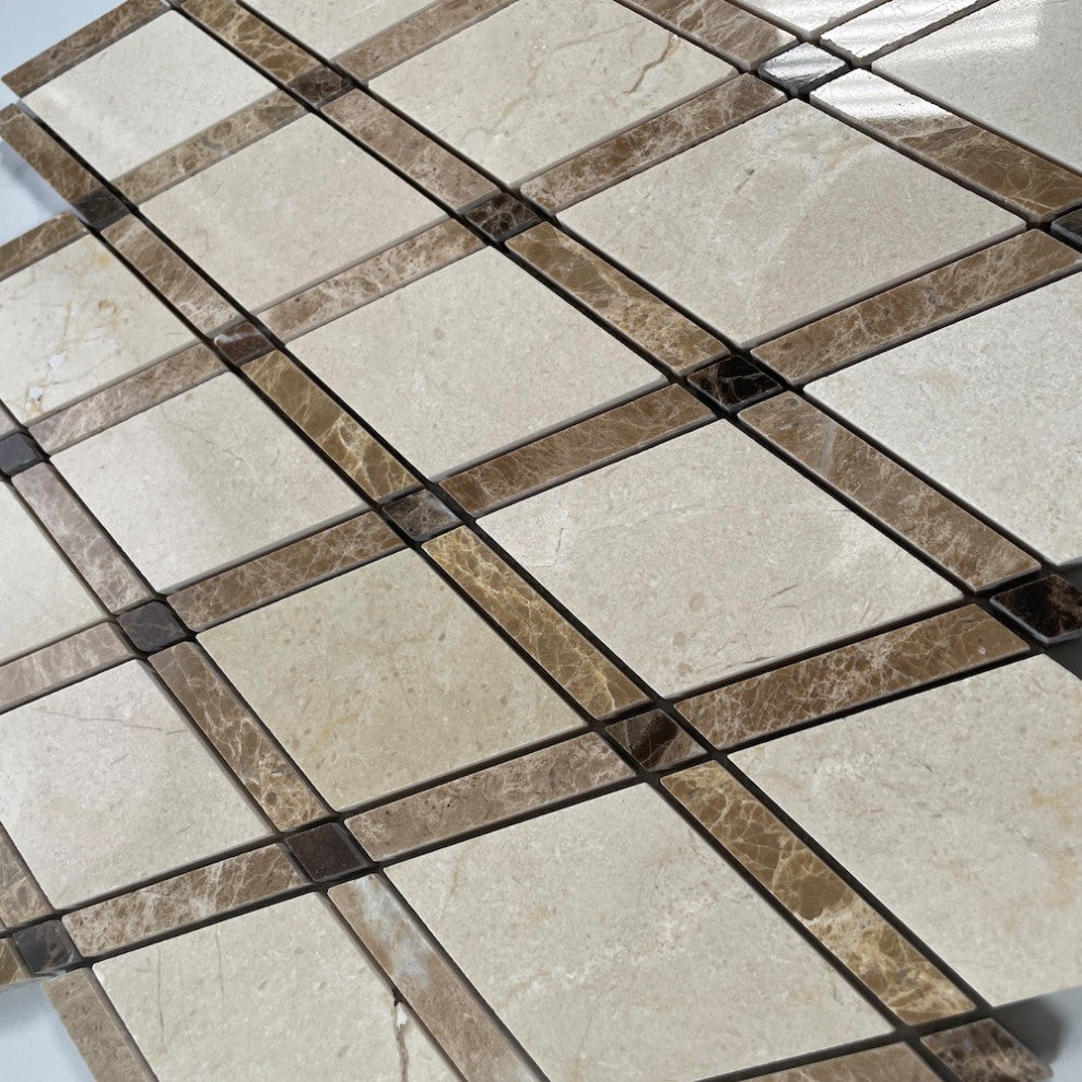 Crema Marfil Marble Diamond Lattice Tile Emperador Brown Polished, 1 sheet