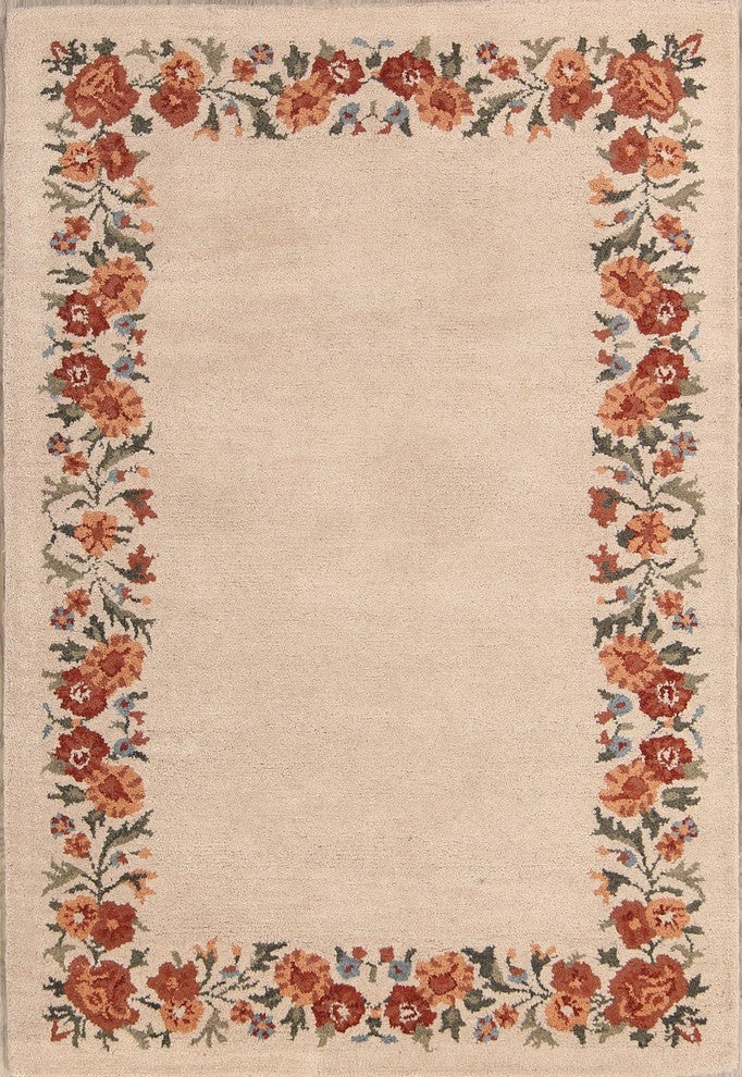 Oushak Hand Tufted Oriental Floral Area Rug Solid, Beige, 5x8'