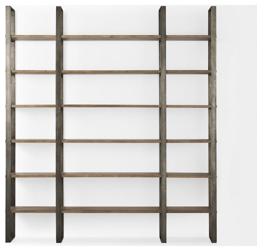 90" Brown Distressed Metal and Solid Wood Six Tier Bookcase