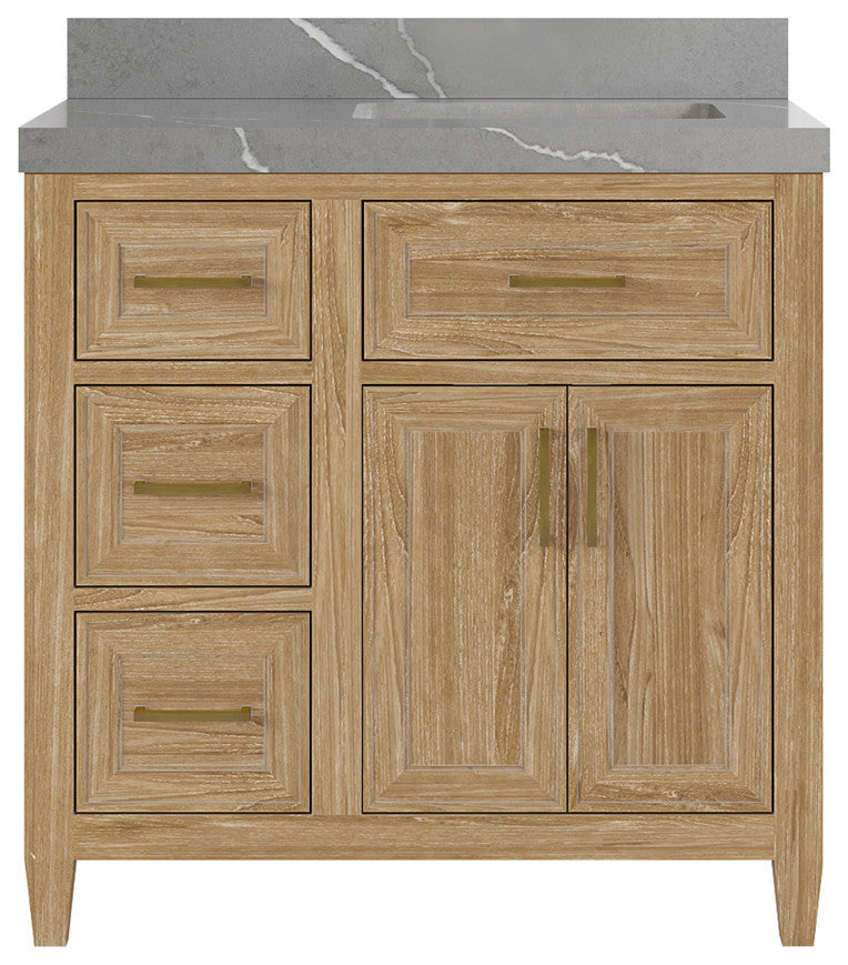 Santa Monica 36 Right Offset  Bath Vanity in Whitewashed Teak 2" Piatra Gray