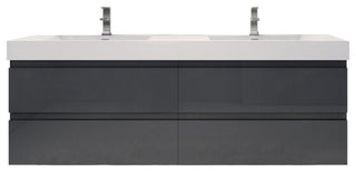 72" Double Sink Wall Mount Vanity, Reinforced Acrylic Sink, High Gloss Gray