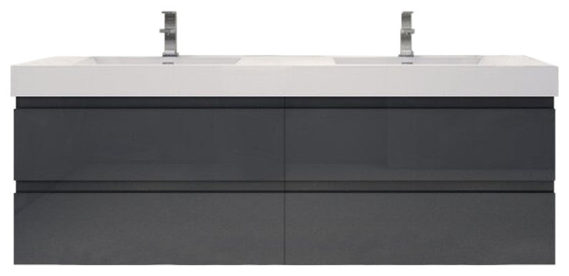72" Double Sink Wall Mount Vanity, Reinforced Acrylic Sink, High Gloss Gray