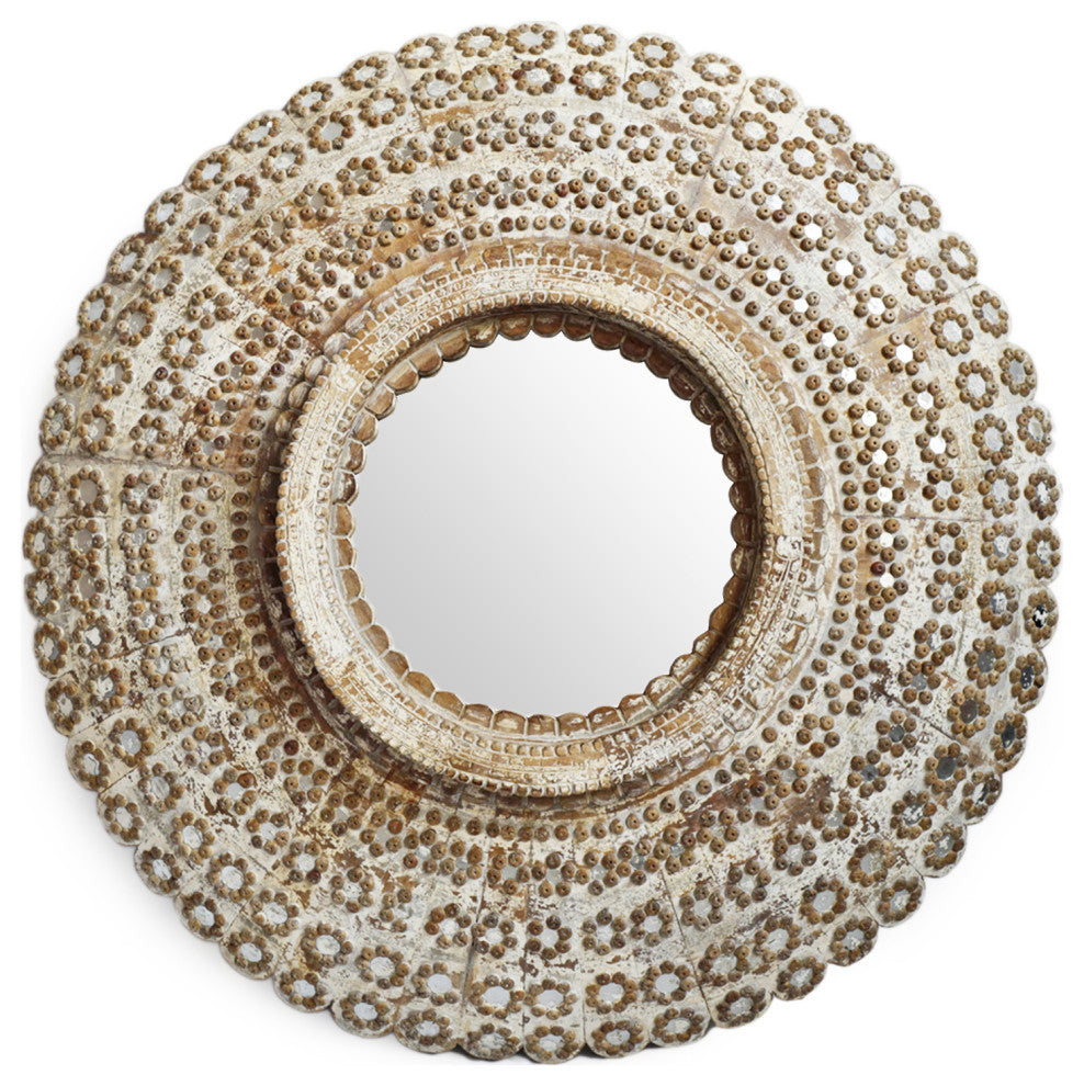 White Washed Round Peacock Mirror