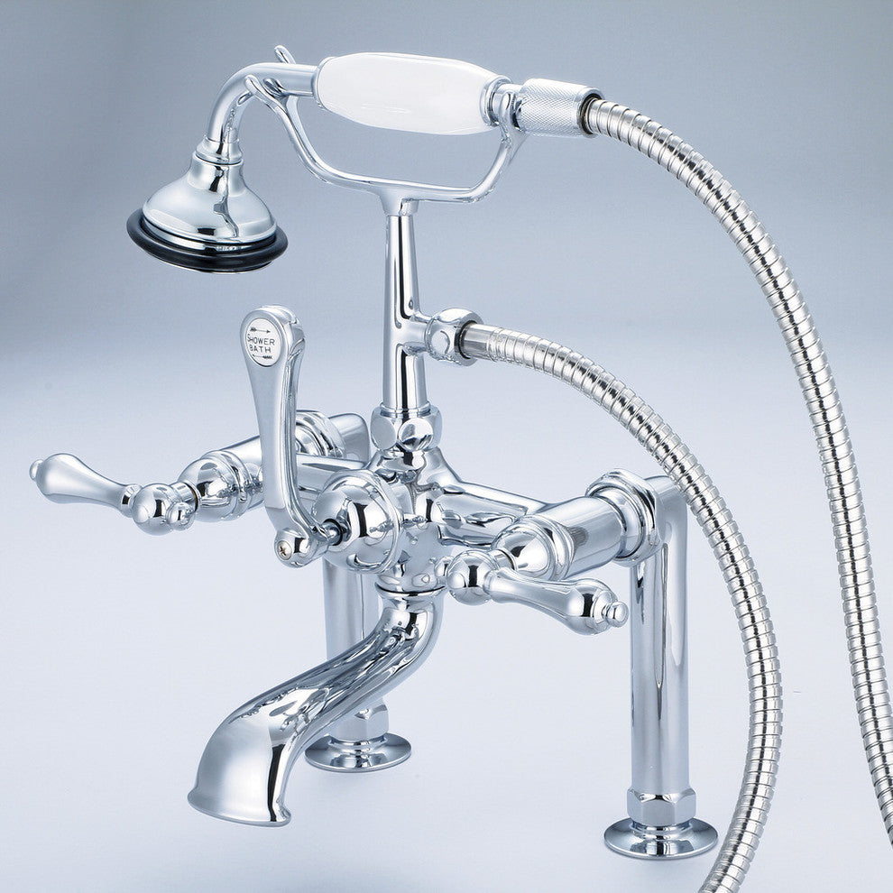 Vintage 7" Spread Deck Mount Tub Faucet w/6" Risers & Handshower, Lever handles
