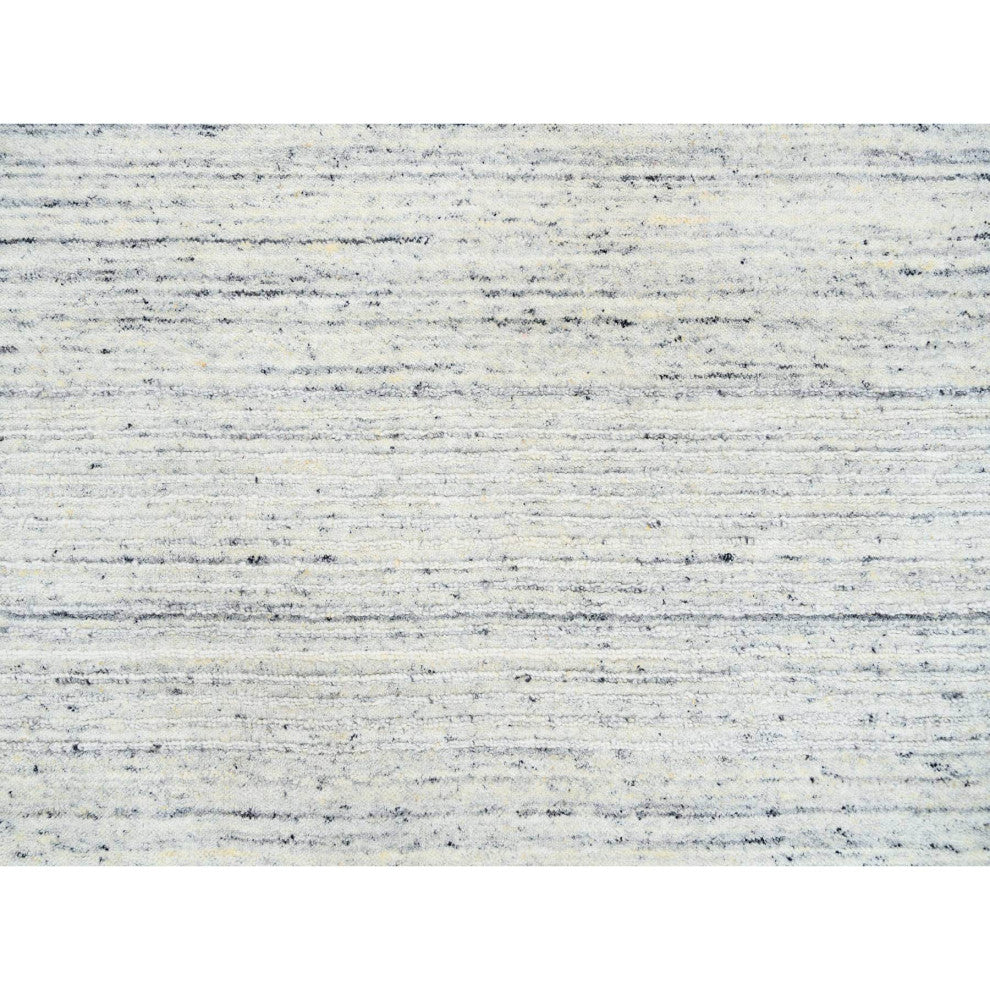 Ivory, Plain Modern Striped Design, Soft Wool Hand Loomed Round Rug, 8'0"x8'0"