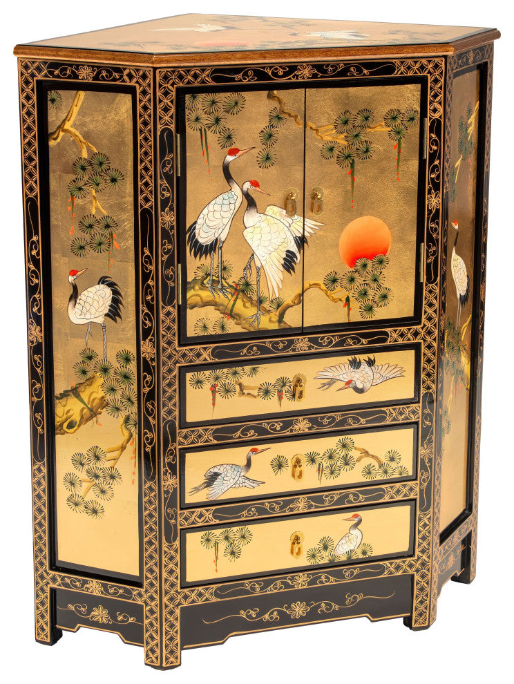 Gold Lacquer Corner Cabinet Cranes