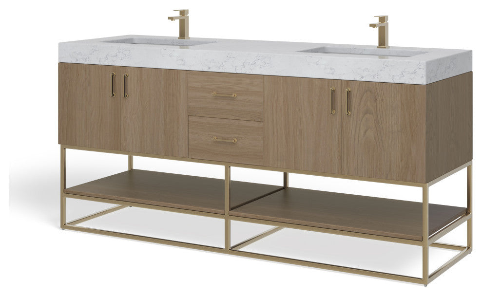 Bahia Bath Vanity, Oak, 72", Brushed Gold Hardware, Double, Freestanding