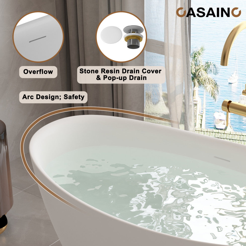 59in White Solid Surface Freestanding Soaking Bathtub with Drain, 67in