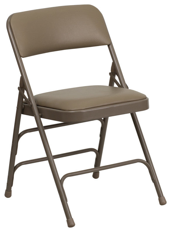 2 Pack HERCULES Curved Triple Braced & Double Hinged Folding Chairs, Beige Vinyl/Beige Frame