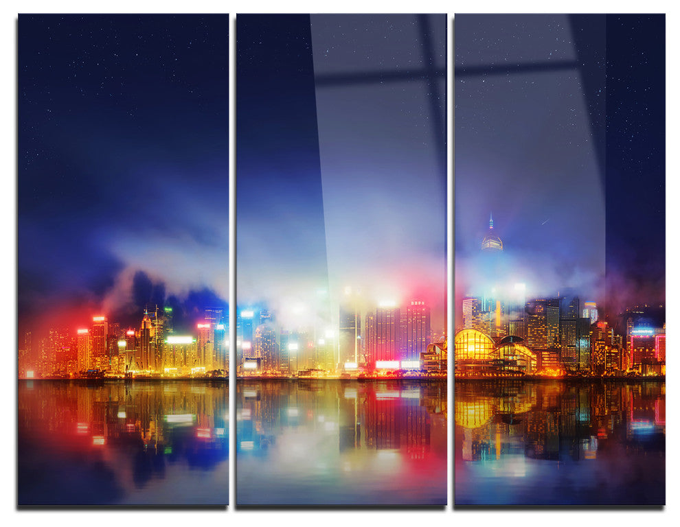"Colorful Hong Kong Skyline" Photography Metal Wall Art, 3 Panels, 36"x28"