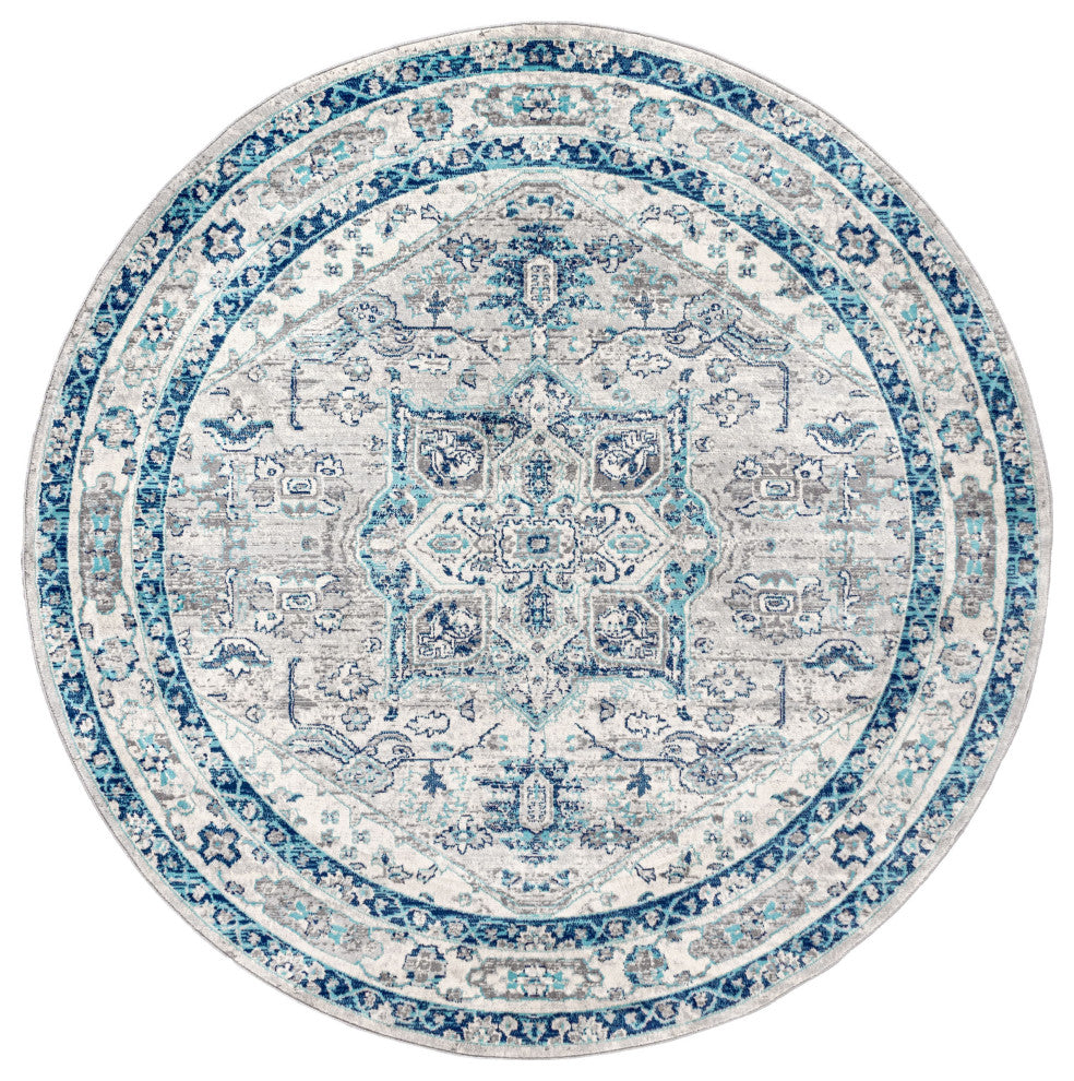 Modern Persian Vintage Medallion Area Rug, Slate, 8' Round
