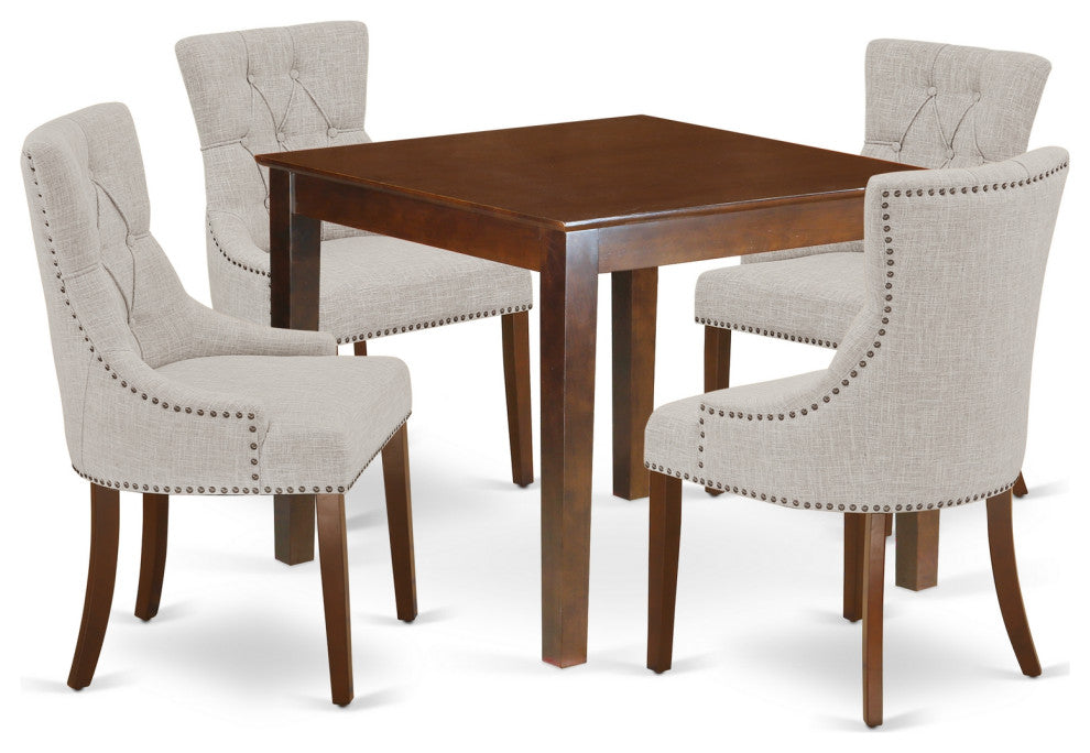 5Pc Dining Set, Square Table, Four Parson Chairs, Doeskin Fabric, Mahogany