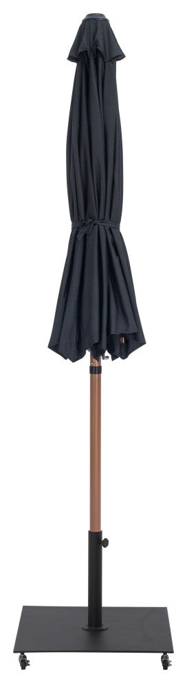 Fiji Patio Umbrella and Base, Black, Teak Pole, Matte Black Belize Base