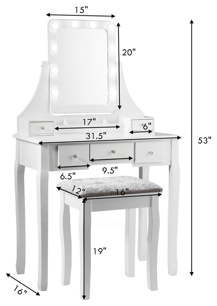 Costway Vanity Dressing Table Set W/Dimmable Bulbs Touch Switch Cushion Stool