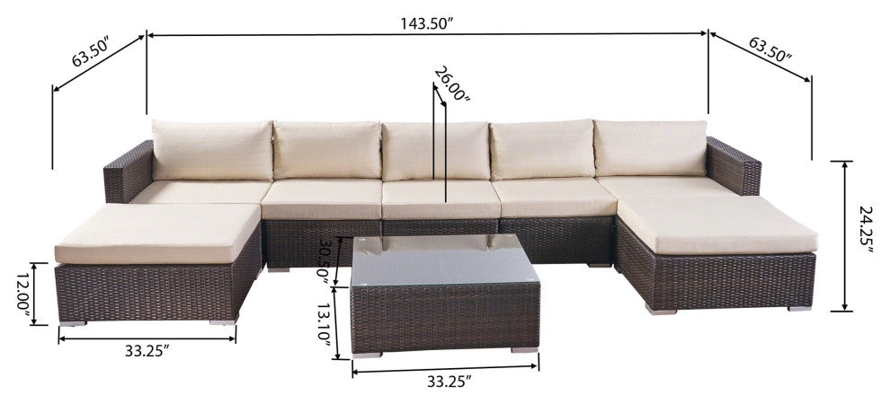 GDF Studio Tom Rosa 5 Seater Wicker Sectional Sofa Set With Cushions, Multibrown/Beige