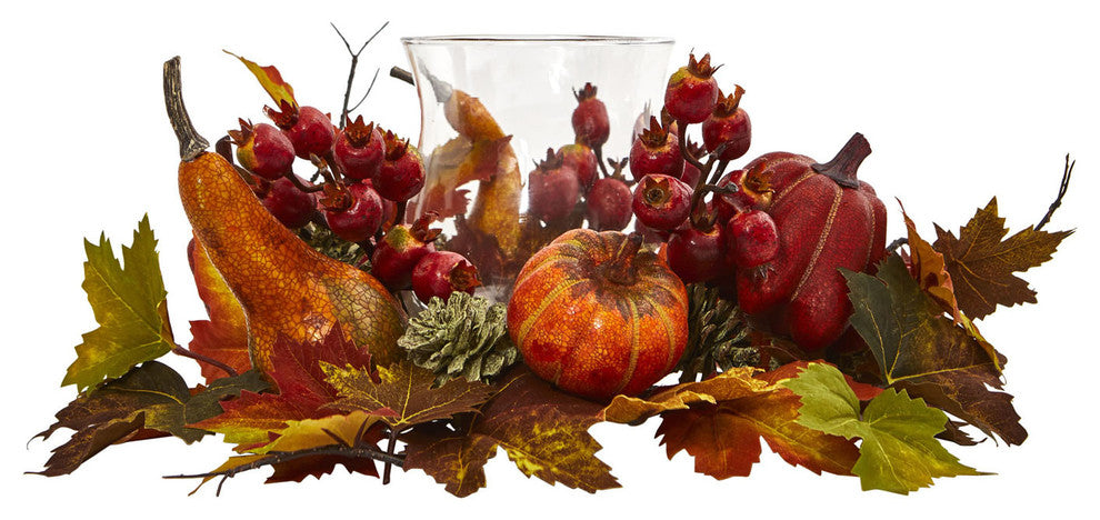 Pumpkin, Gourd, Berry and Maple Leaf Artificial Arrangement Candelabrum