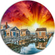 Wooden Homes At Sunset, Landscape Photo Large Disc Metal Wall Art, 36"
