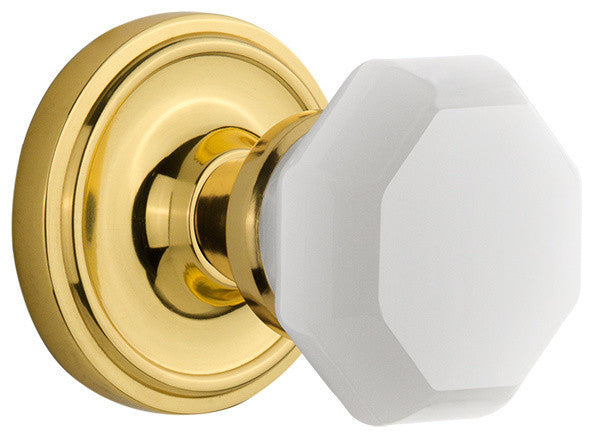 Classic Rosette Privacy Waldorf White Milk Glass Knob, Polished Brass