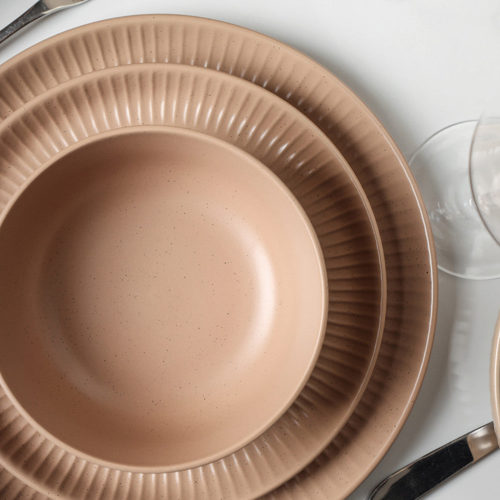 Stone Lain Logan Stoneware 16 Piece Dinnerware Set With Pasta Bowls, Beige