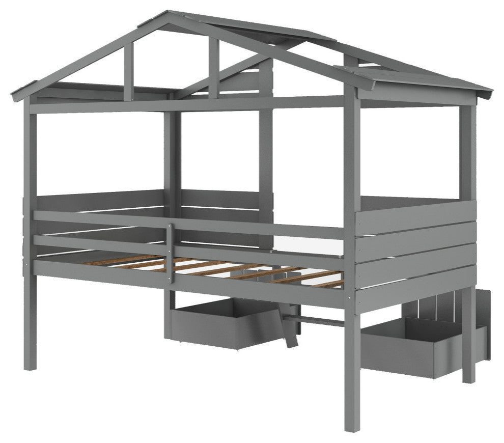 Twin Size Loft Bed With Two Drawers Windows And Roof Design Gray