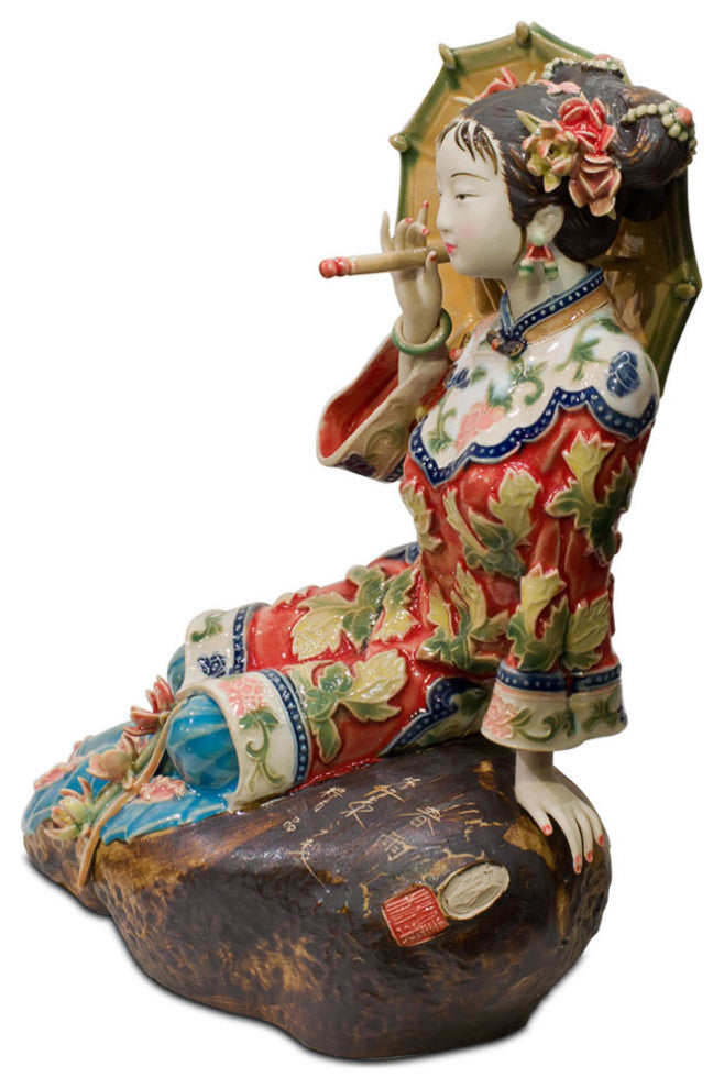 Chinese Porcelain Figurine, Lady in Red with Umbrella