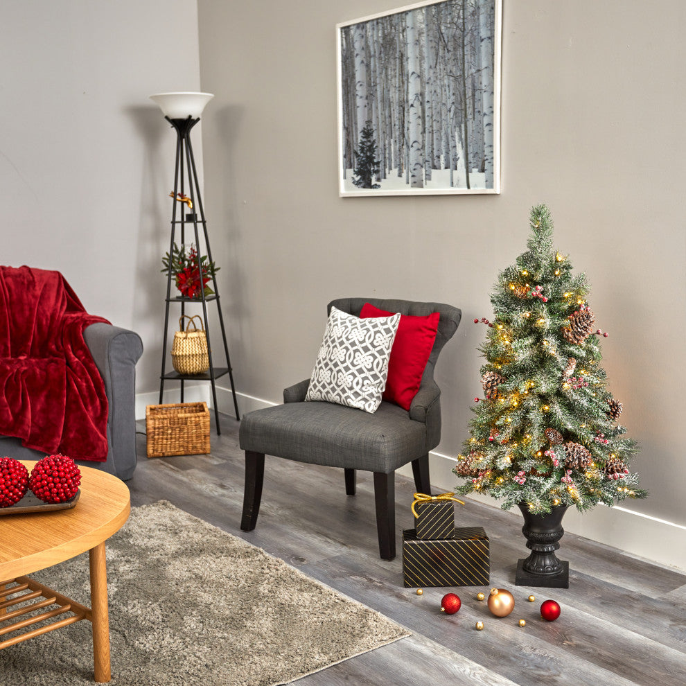4' Frosted Pine, Pinecone & Berries Faux Xmas Tree W/100 Clear Lights, Urn