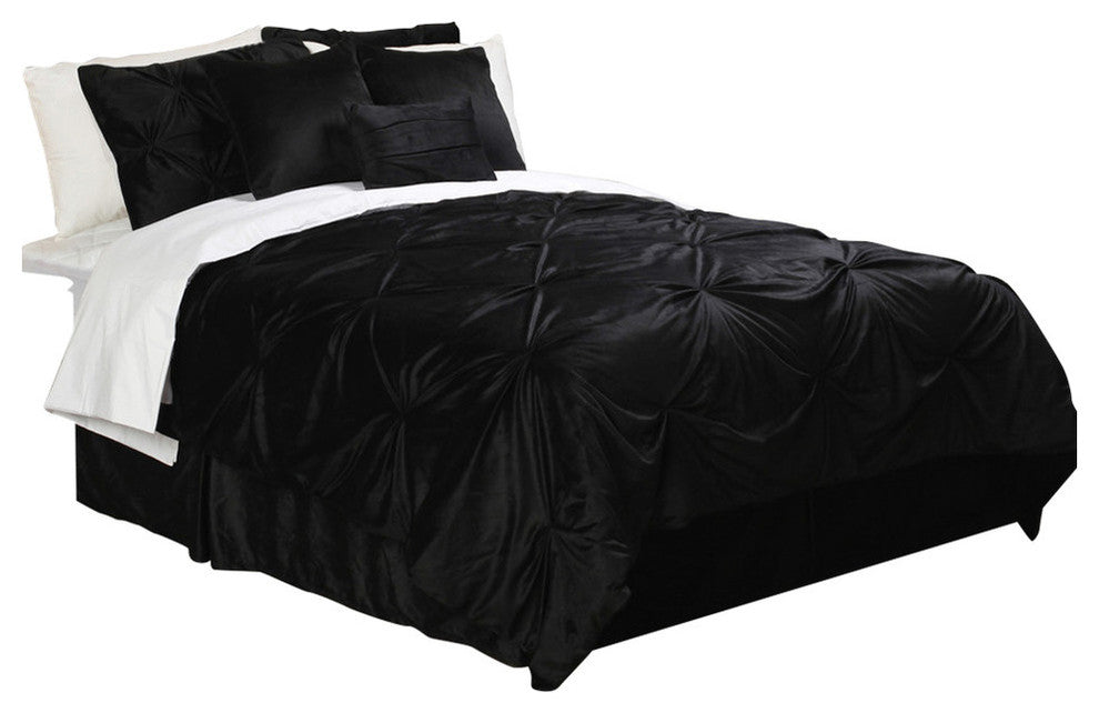 Pintuck Plush 3-PC Complete Comforter Set, Black, Queen, 7-Pc