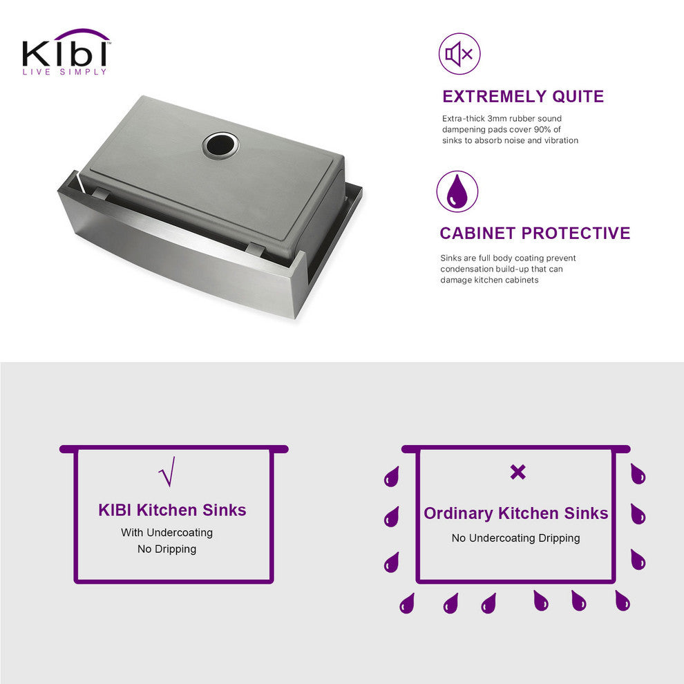 KIBI Farmhouse Apron Single Bowl Stainless Steel Workstation Kitchen Sink, 30"