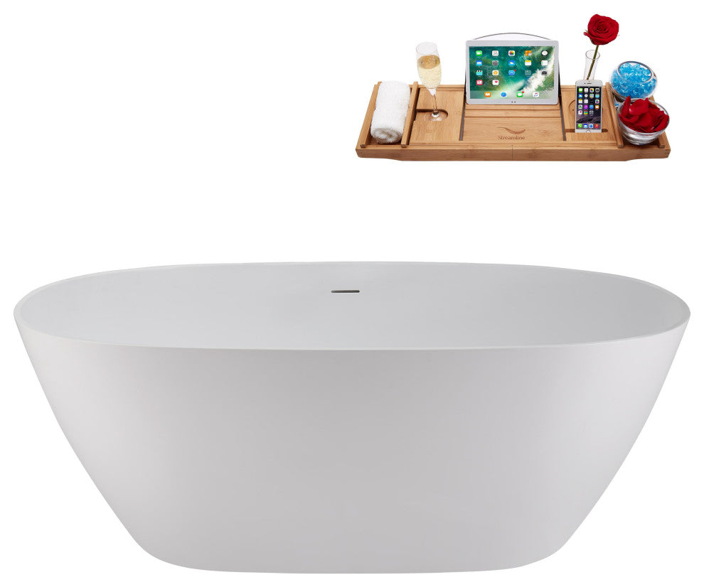 59" Streamline NS5820CH Matte White Stone Resin Bathtub, Tray With Chrome Drain