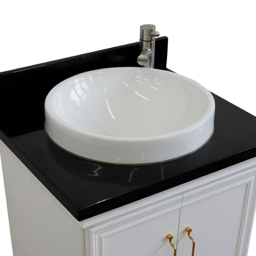 25" Single Vanity, White Finish With Black Galaxy And Round Sink