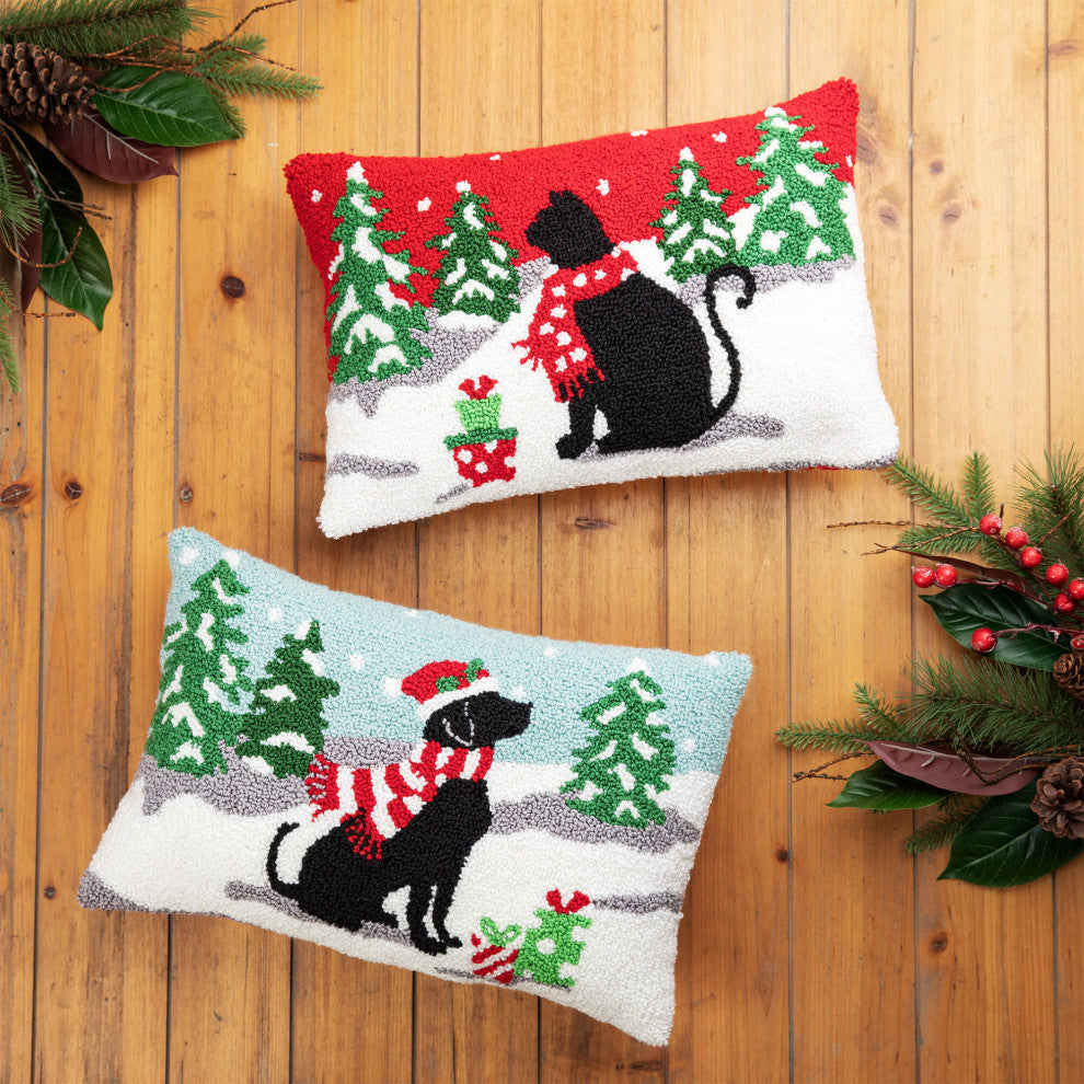 18"L Hooked Christmas Pillow Throw Xmas Pillows, Cat & Dog, 2-Piece Set