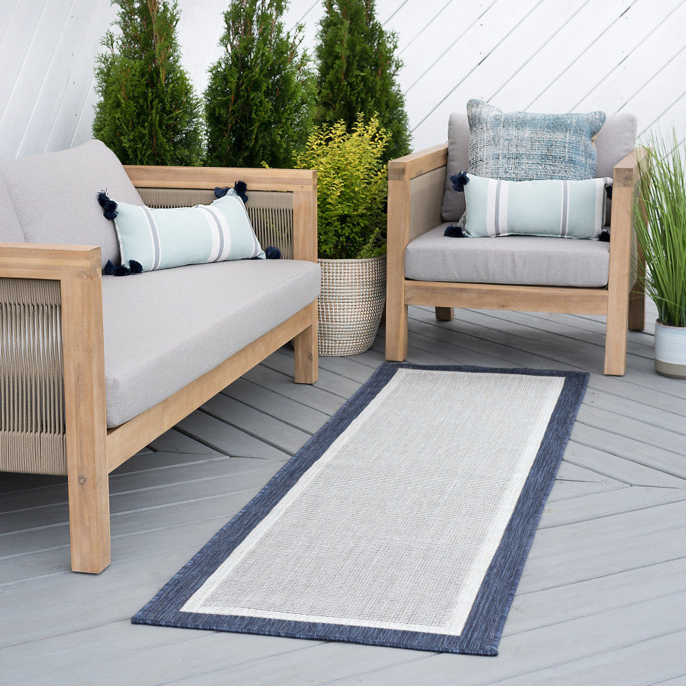 Dania Transitional Solid Border Navy Indoor/Outdoor Runner Rug, 2.7'x10'