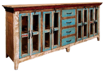 La Boca Rustic Distressed Solid Wood Sideboard, Curio Cabinet. Glass-Doors
