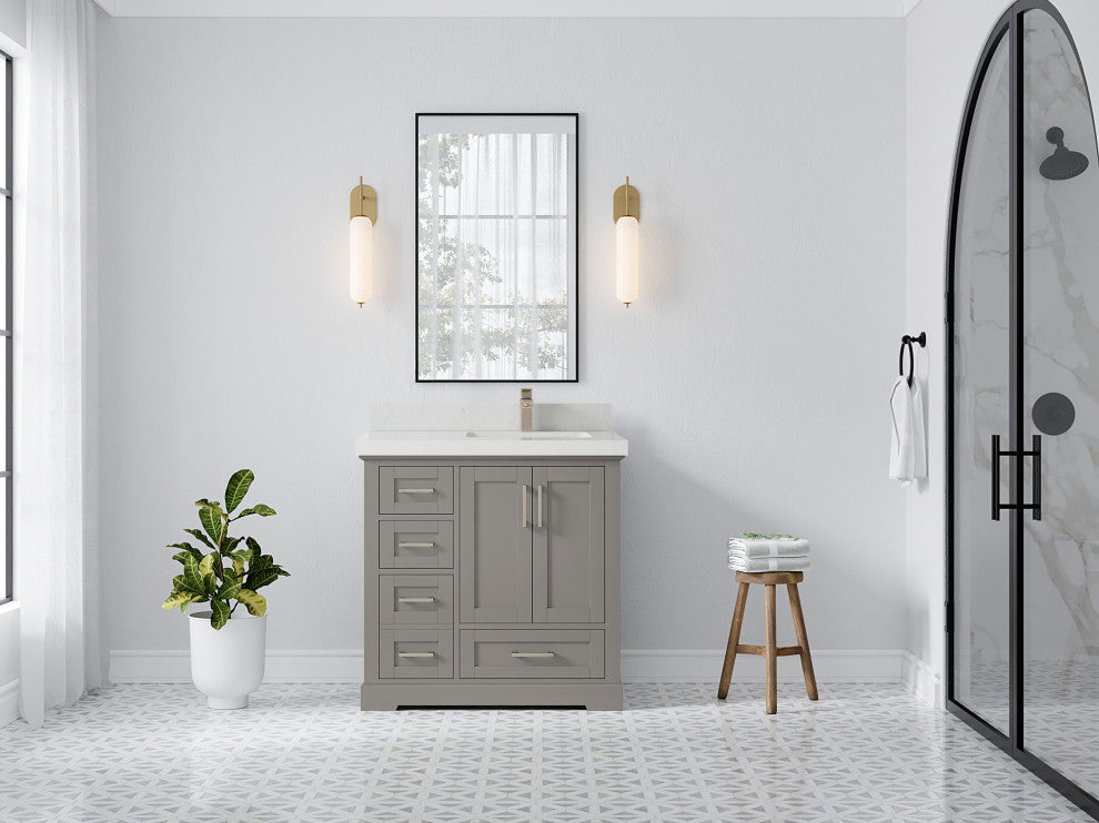 Boston 36 Right Offset Bath Vanity in Elephant Skin Gray 2" Carrara Quartz