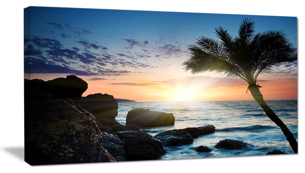 "Lonely Palm Tree On Rocky Beach" Modern Seashore Canvas Art, 40"x20"