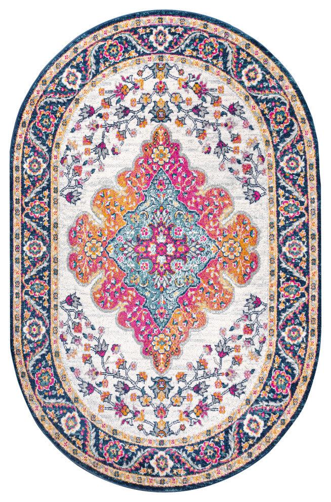 Bohemian FLAIR Boho Vintage Medallion Area Rug, Blue and Multi, 6x9 Oval