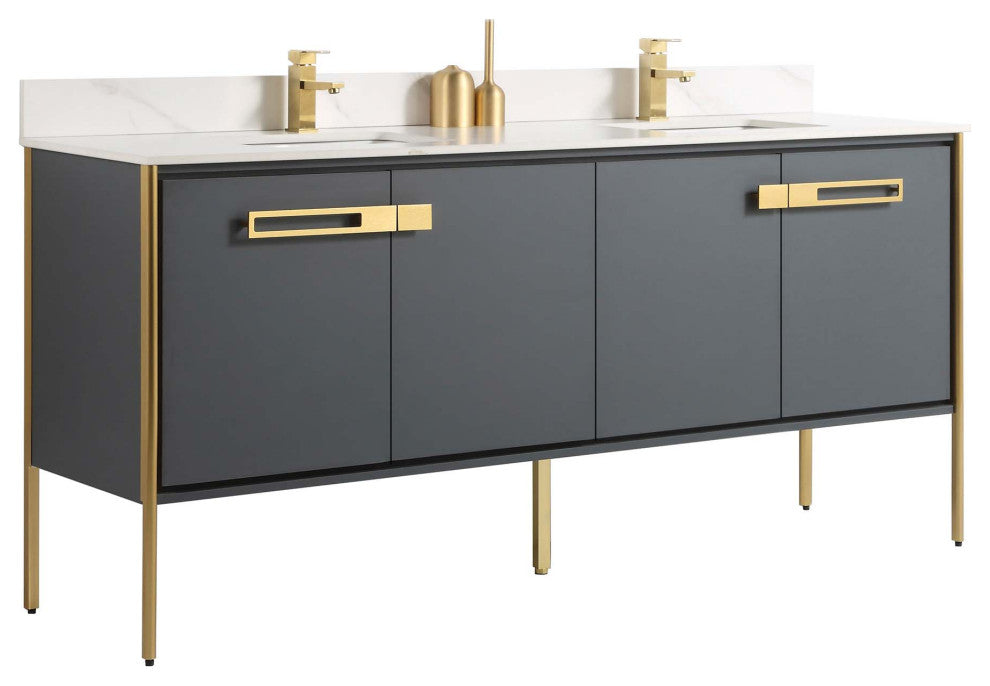 Oakville Bath Vanity, Ceramic Sink, Onix Grey, 72 Inch, Satin Brass Hardware