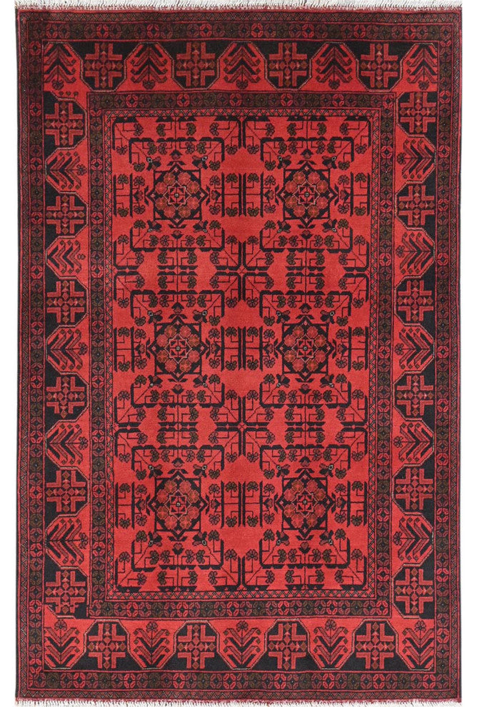 Red, Afghan Andkhoy, Wool, Hand Knotted Oriental Rug, 4'2"x6'5"