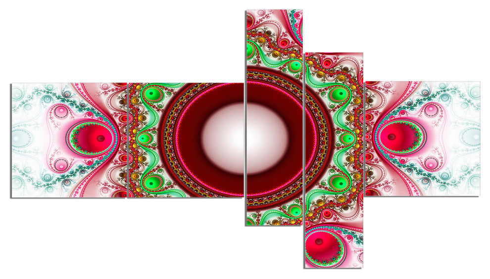 Pink Fractal Pattern with Circles, Abstract Canvas Art Print, 60"x32", 5 panels