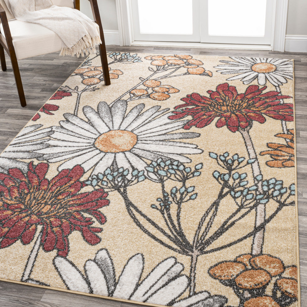Dizi Modern Botanical Wildflower Area Rug, Yellow/Ivory/Red, 8x10