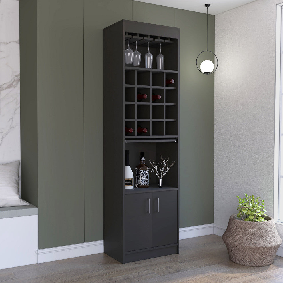 DEPOT E-SHOP Athens Bar Cabinet,16 Wine Cubbies,2 Open Shelves,Glass Rack, Black