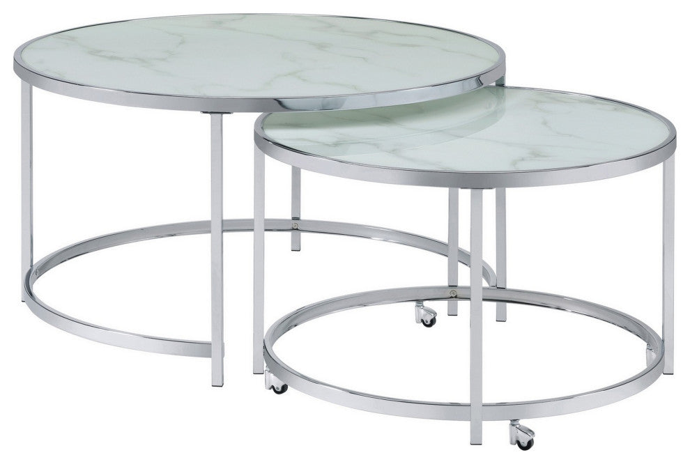 Benzara Marbled Glass Nesting Accent Tables, Round Top, Metal, 2-Piece Set