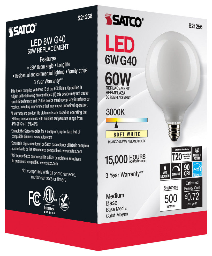 6W G40 LED, White, Medium Base, 90 CRI, 3000K, 120V